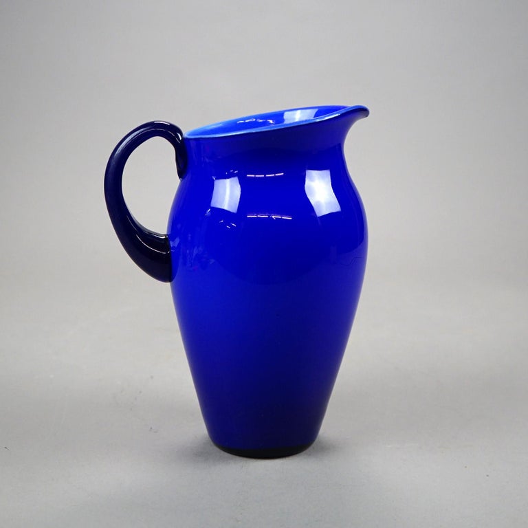 Antique Steuben Cobalt Art Glass Water Pitcher, Circa 1920