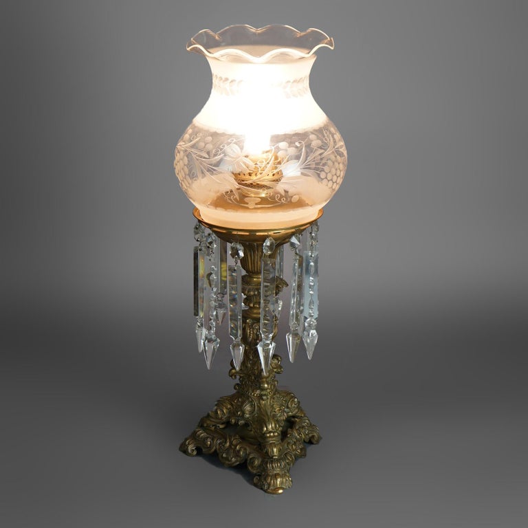 Antique Argand Sinumbra Bronze, Crystal & Brass Solar Lamp, Electrified, c1840
