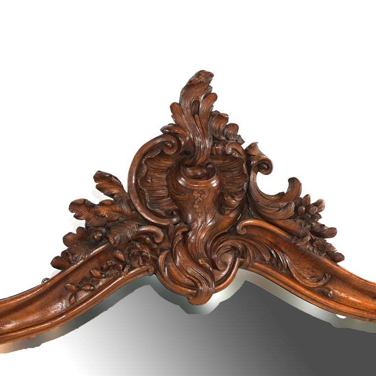 Antique French Rococo Style Carved Walnut & Marble Mirrored Console, c1880