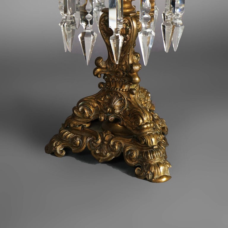 Antique Argand Sinumbra Bronze, Crystal & Brass Solar Lamp, Electrified, c1840
