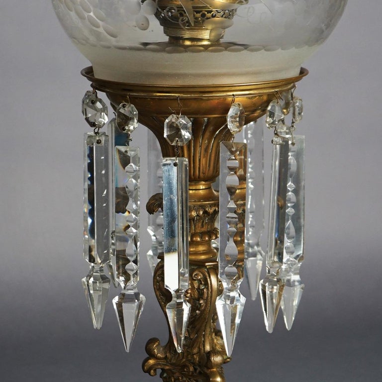 Antique Argand Sinumbra Bronze, Crystal & Brass Solar Lamp, Electrified, c1840
