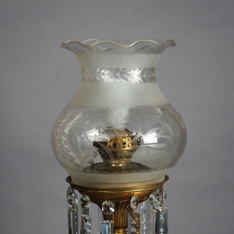 Antique Argand Sinumbra Bronze, Crystal & Brass Solar Lamp, Electrified, c1840