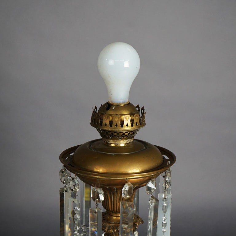 Antique Argand Sinumbra Bronze, Crystal & Brass Solar Lamp, Electrified, c1840
