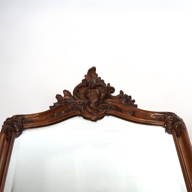Antique French Rococo Style Carved Walnut & Marble Mirrored Console, c1880
