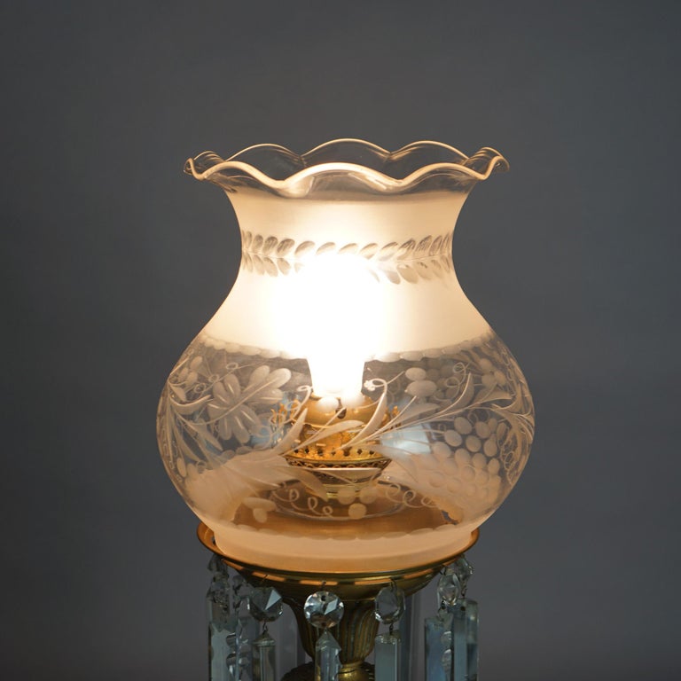 Antique Argand Sinumbra Bronze, Crystal & Brass Solar Lamp, Electrified, c1840