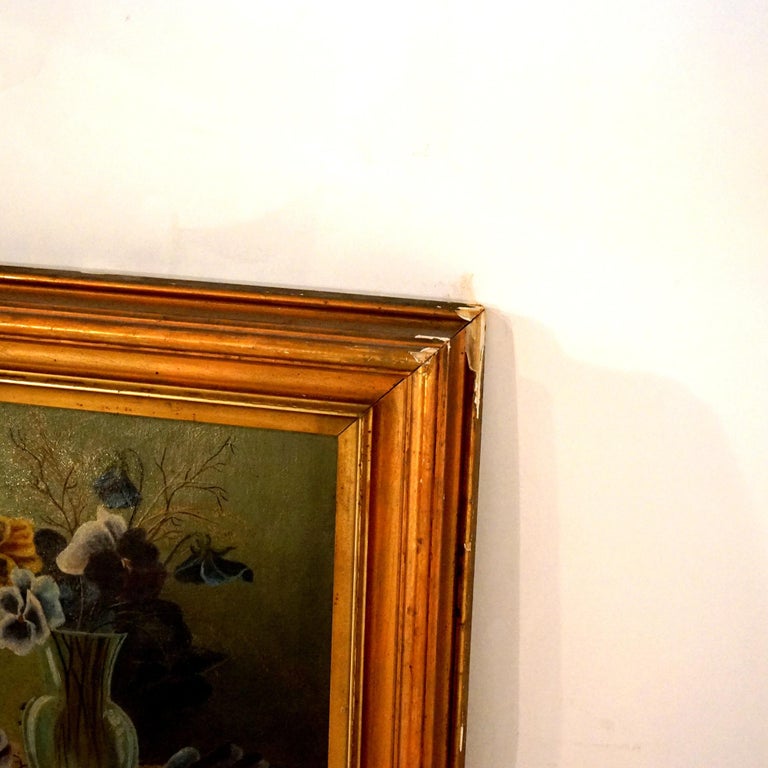 Large Antique Floral Still Life Oil on Board Painting of Pansies C1910