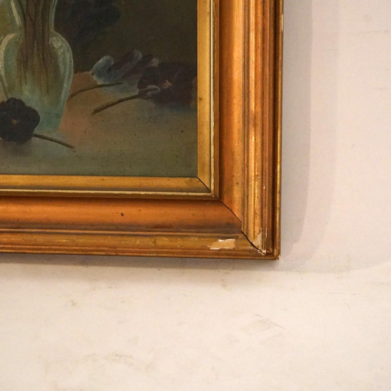 Large Antique Floral Still Life Oil on Board Painting of Pansies C1910