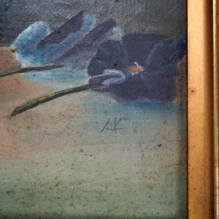 Large Antique Floral Still Life Oil on Board Painting of Pansies C1910