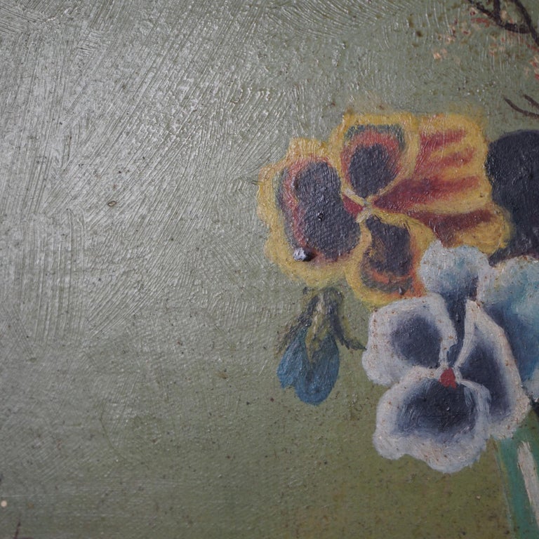 Large Antique Floral Still Life Oil on Board Painting of Pansies C1910