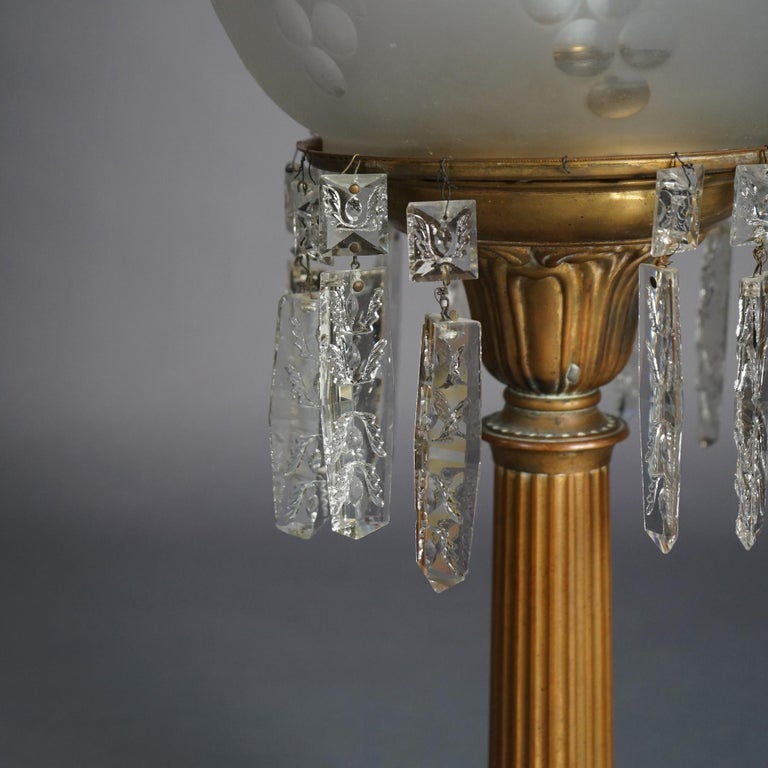 Antique Argand Sinumbra Bronze & Brass Solar Lamp with Opalescent Glass Shade