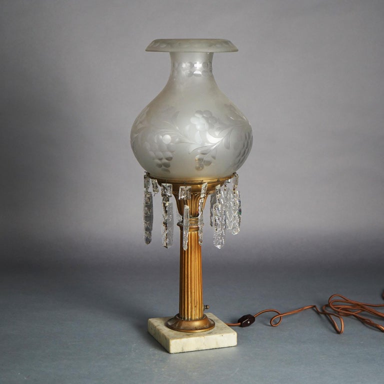 Antique Argand Sinumbra Bronze & Brass Solar Lamp with Opalescent Glass Shade
