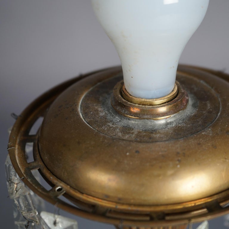 Antique Argand Sinumbra Bronze & Brass Solar Lamp with Opalescent Glass Shade