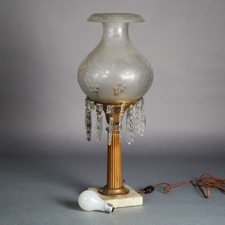 Antique Argand Sinumbra Bronze & Brass Solar Lamp with Opalescent Glass Shade