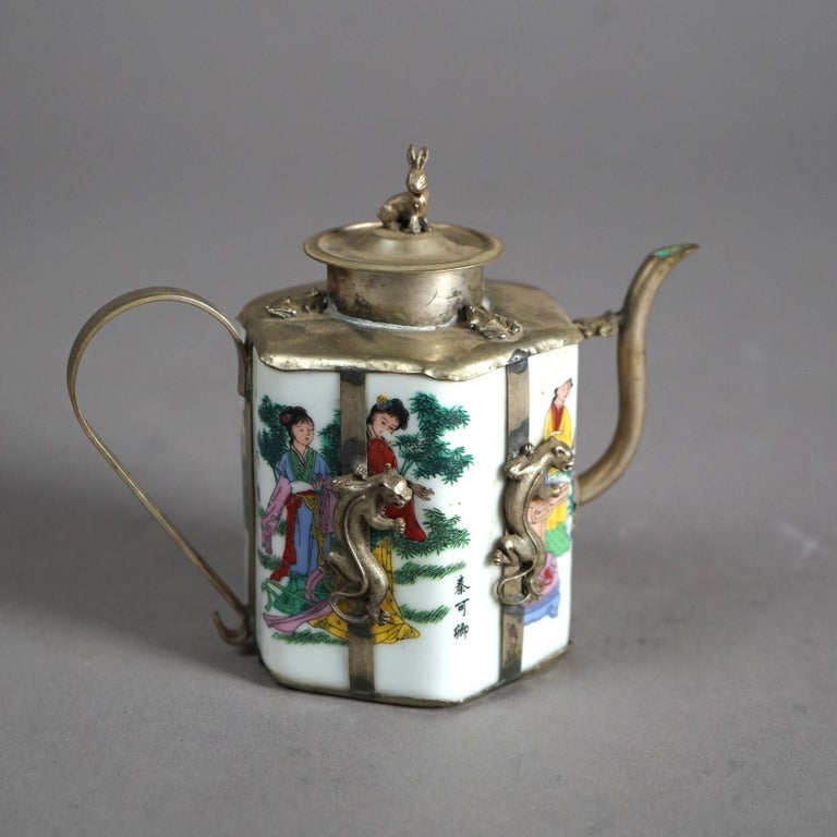 Chinese Miniature Porcelain Teapot with Silver Overlay 20thC