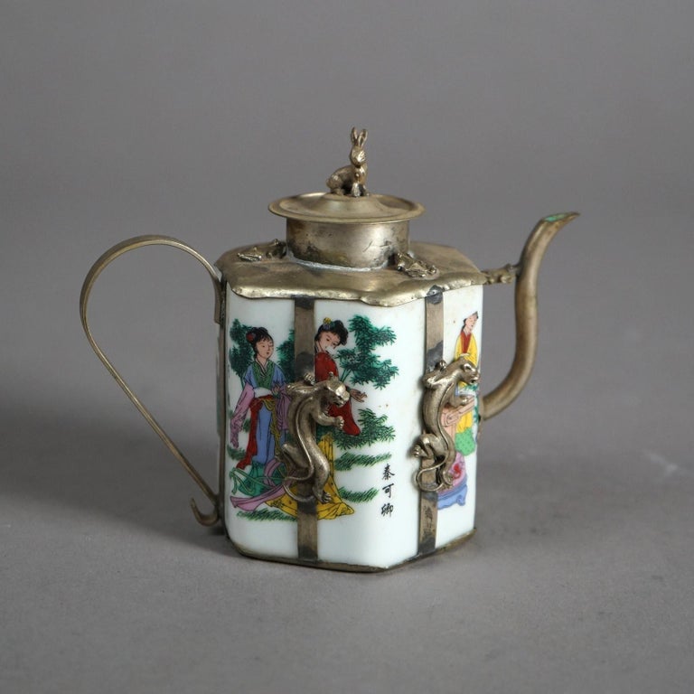 Chinese Miniature Porcelain Teapot with Silver Overlay 20thC