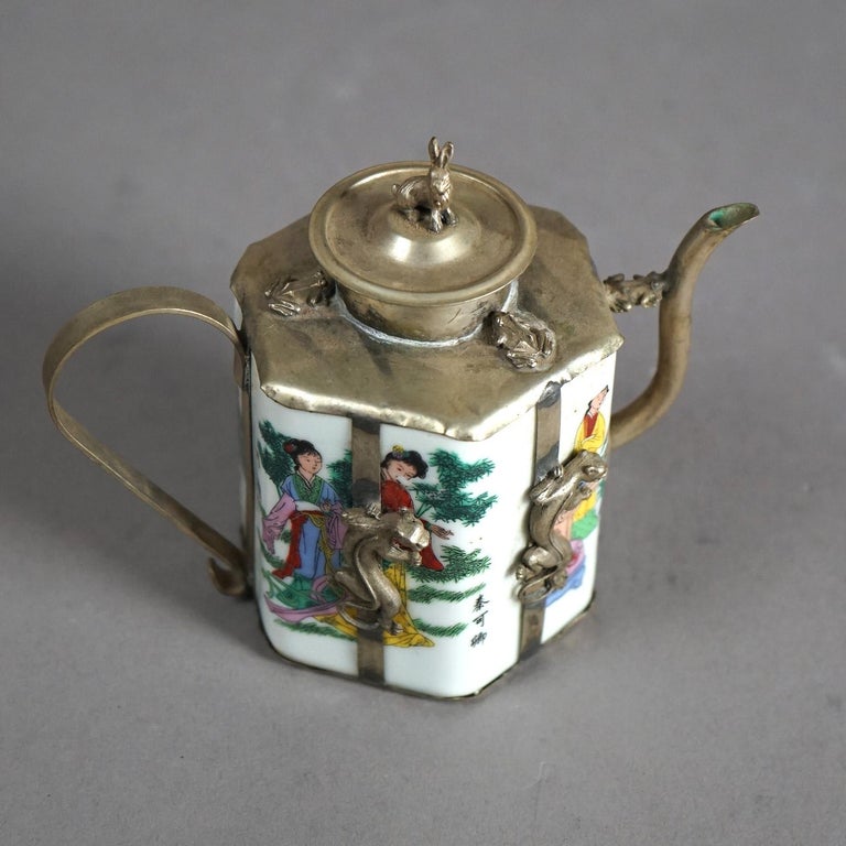 Chinese Miniature Porcelain Teapot with Silver Overlay 20thC