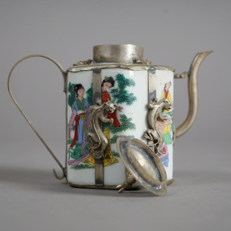 Chinese Miniature Porcelain Teapot with Silver Overlay 20thC