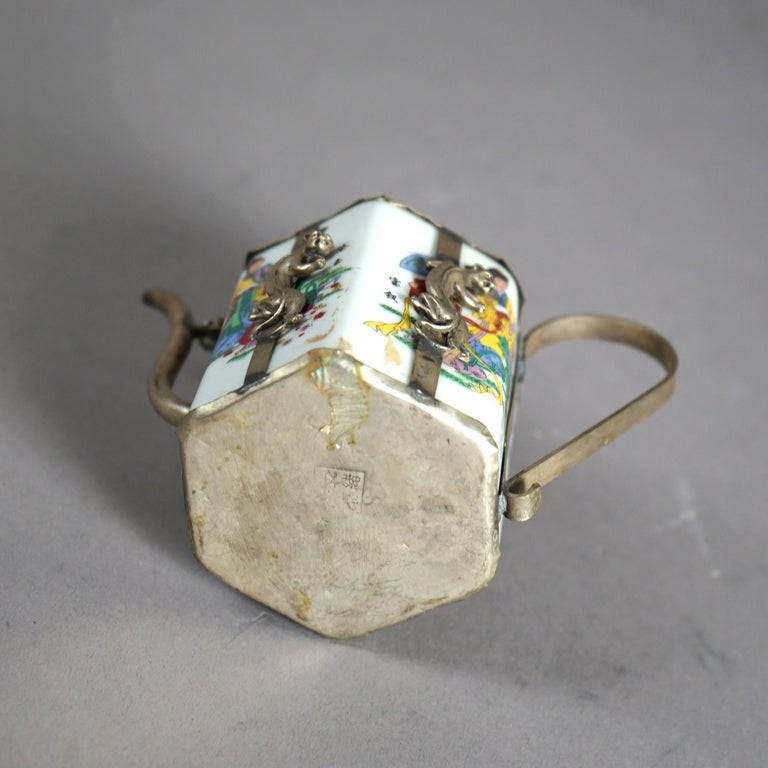 Chinese Miniature Porcelain Teapot with Silver Overlay 20thC