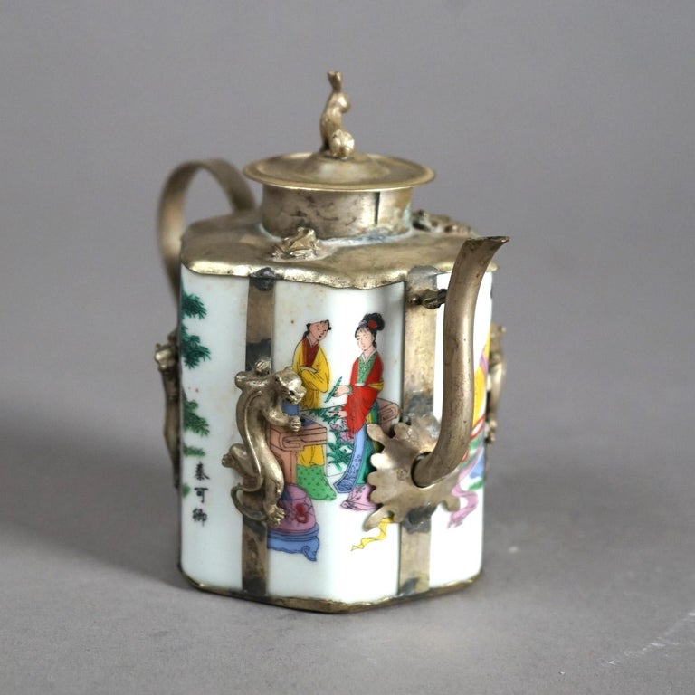 Chinese Miniature Porcelain Teapot with Silver Overlay 20thC