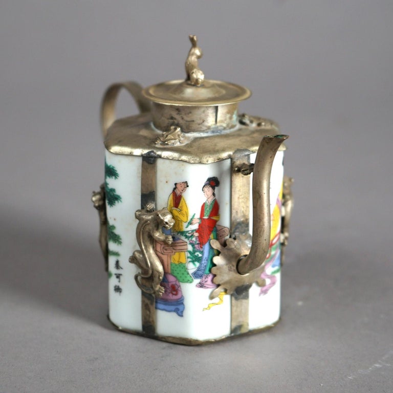 Chinese Miniature Porcelain Teapot with Silver Overlay 20thC