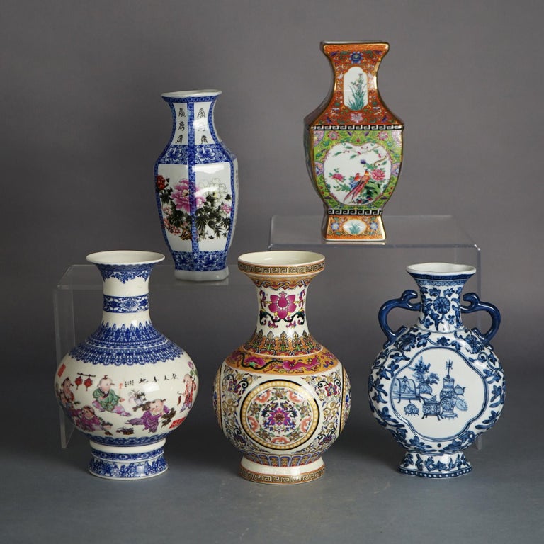 Five Chinese Hand Painted Porcelain Vases 20thC