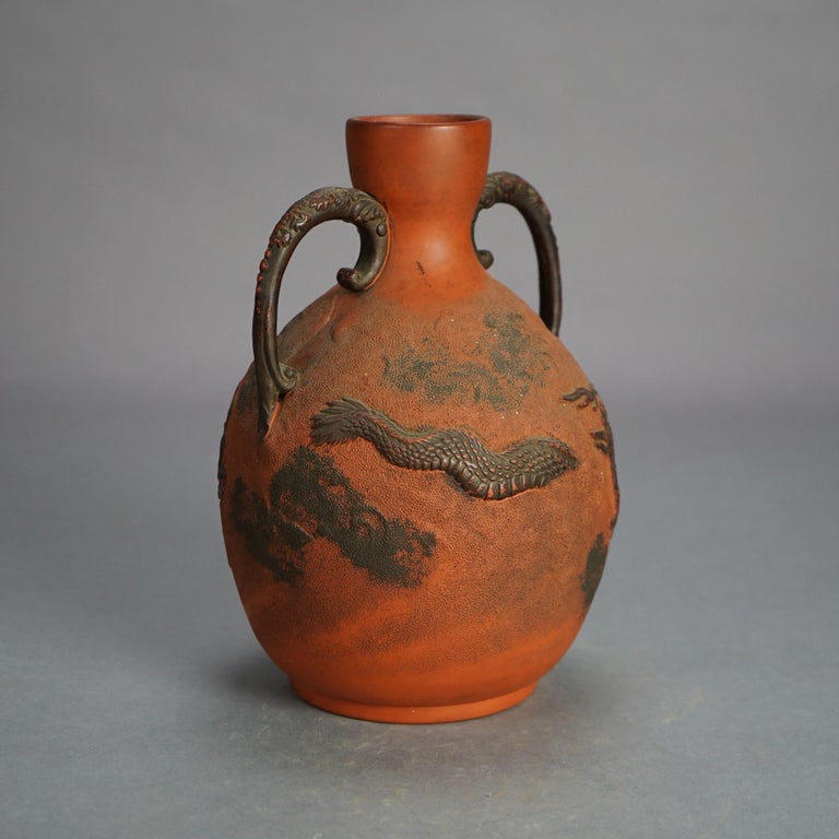 Antique Japanese Carved Relief Terra Cotta Vase C1930