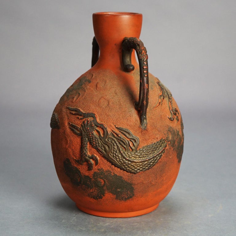 Antique Japanese Carved Relief Terra Cotta Vase C1930