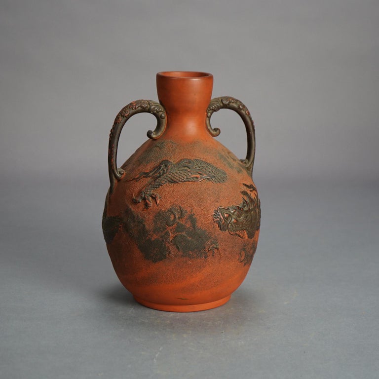 Antique Japanese Carved Relief Terra Cotta Vase C1930