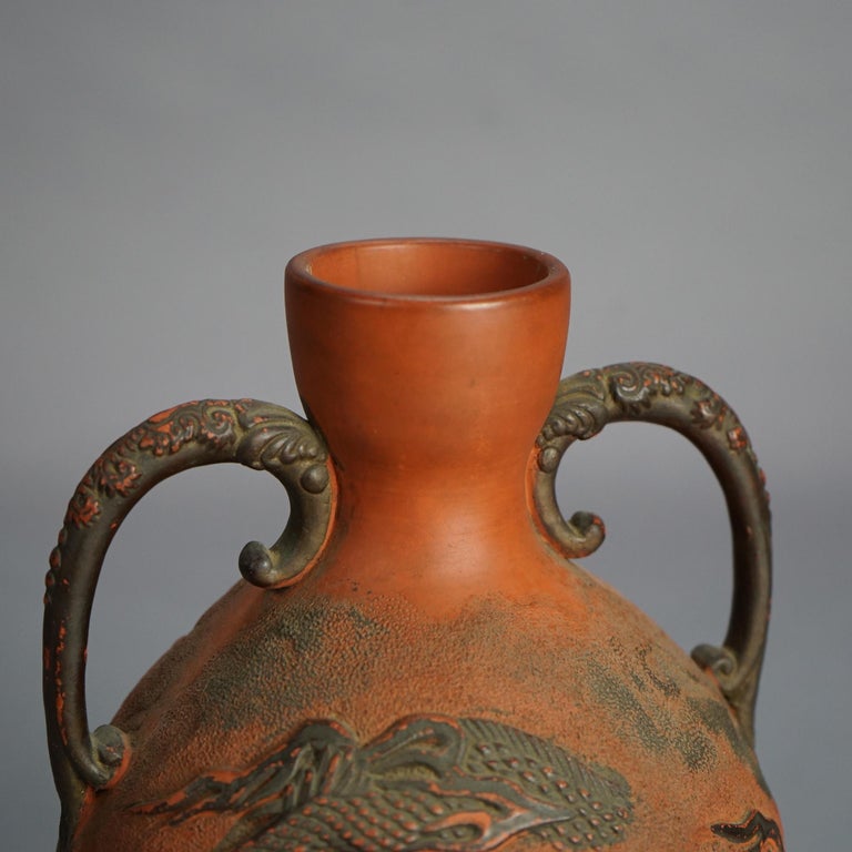 Antique Japanese Carved Relief Terra Cotta Vase C1930
