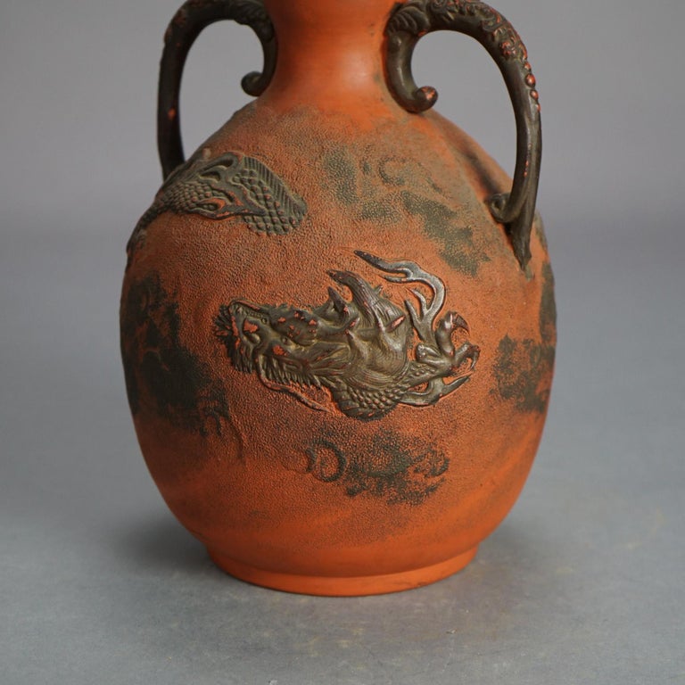 Antique Japanese Carved Relief Terra Cotta Vase C1930