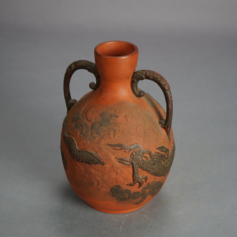 Antique Japanese Carved Relief Terra Cotta Vase C1930