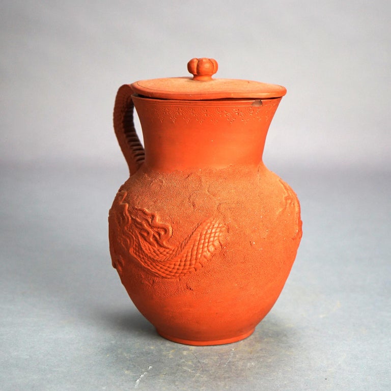 Antique Japanese Figural Carved in Relief Dragon Terra Cotta Pitcher & Lid C1930