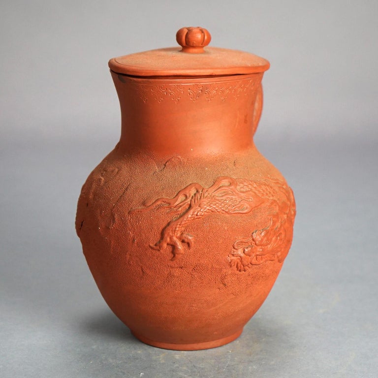 Antique Japanese Figural Carved in Relief Dragon Terra Cotta Pitcher & Lid C1930