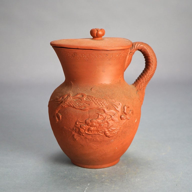 Antique Japanese Figural Carved in Relief Dragon Terra Cotta Pitcher & Lid C1930
