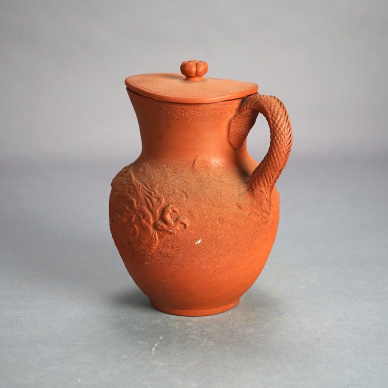 Antique Japanese Figural Carved in Relief Dragon Terra Cotta Pitcher & Lid C1930