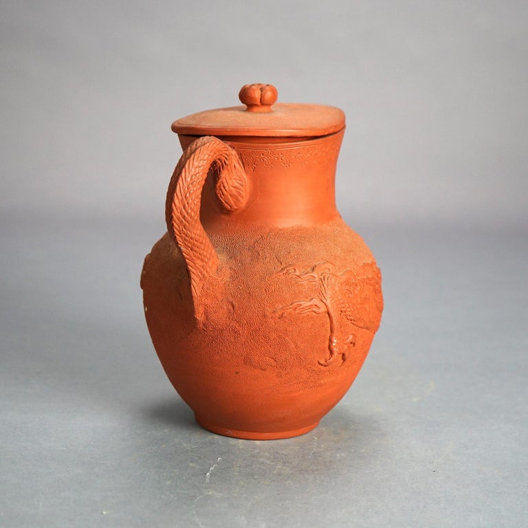 Antique Japanese Figural Carved in Relief Dragon Terra Cotta Pitcher & Lid C1930