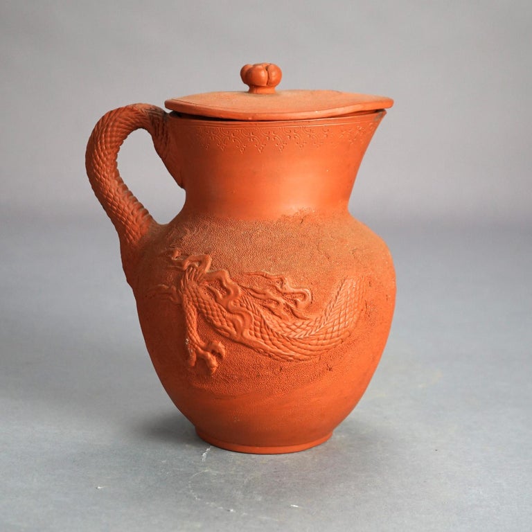 Antique Japanese Figural Carved in Relief Dragon Terra Cotta Pitcher & Lid C1930