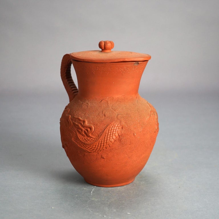 Antique Japanese Figural Carved in Relief Dragon Terra Cotta Pitcher & Lid C1930