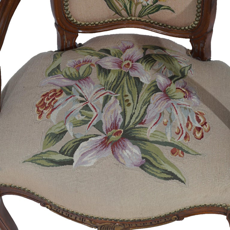 Antique French Rococo Style Parcel Gilt Mahogany, Tapestry Bergere Chair C1920