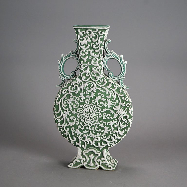 Antique Japanese Moriage Green Pottery Pillow Vase C1920