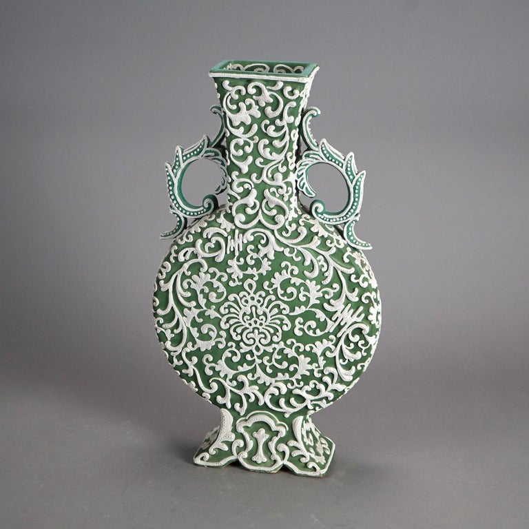 Antique Japanese Moriage Green Pottery Pillow Vase C1920