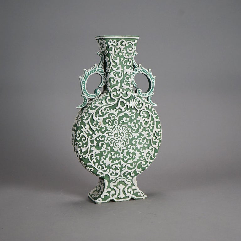 Antique Japanese Moriage Green Pottery Pillow Vase C1920
