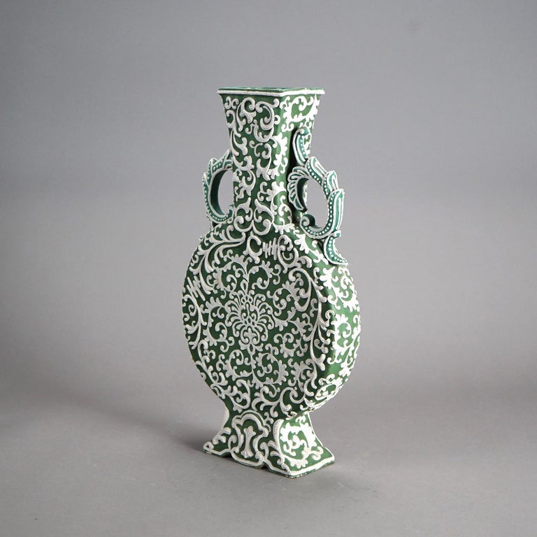 Antique Japanese Moriage Green Pottery Pillow Vase C1920