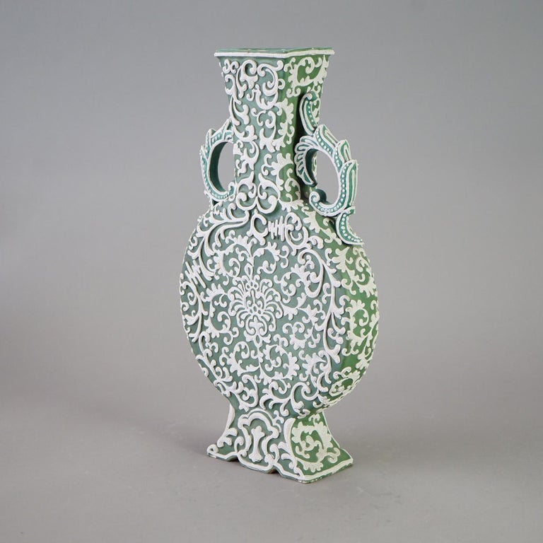 Antique Japanese Moriage Green Pottery Pillow Vase C1920