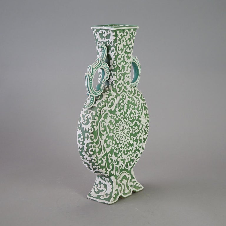 Antique Japanese Moriage Green Pottery Pillow Vase C1920