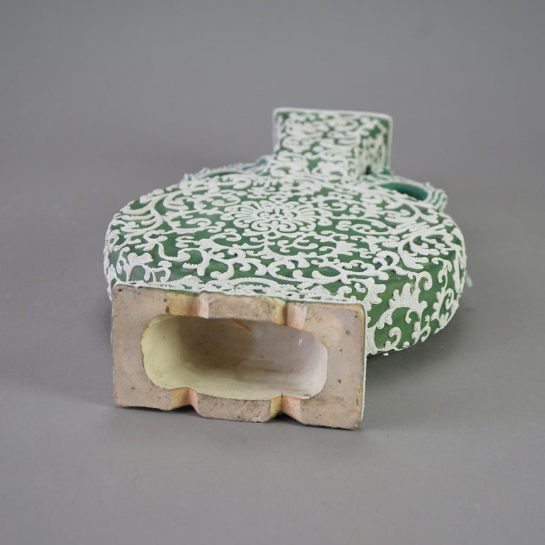 Antique Japanese Moriage Green Pottery Pillow Vase C1920