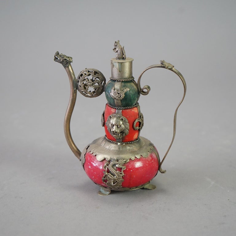 Chinese Porcelain Miniature Teapot with Silver Overlay 20thC