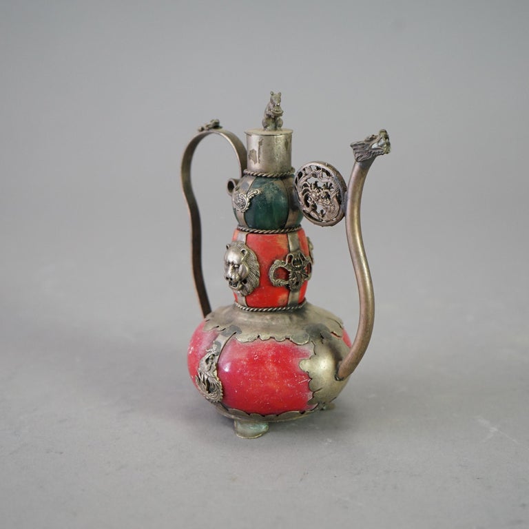 Chinese Porcelain Miniature Teapot with Silver Overlay 20thC