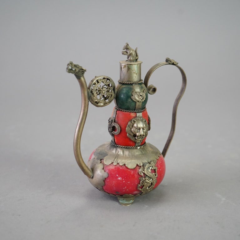 Chinese Porcelain Miniature Teapot with Silver Overlay 20thC