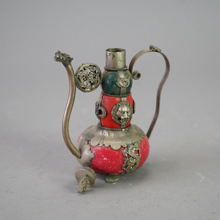 Chinese Porcelain Miniature Teapot with Silver Overlay 20thC